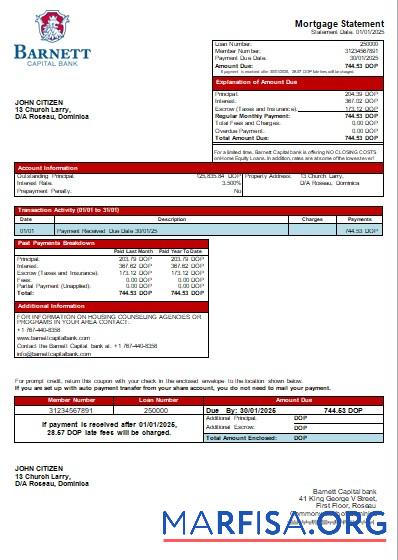 Printable Dominica Barnett Capital bank mortgage statement scr real example